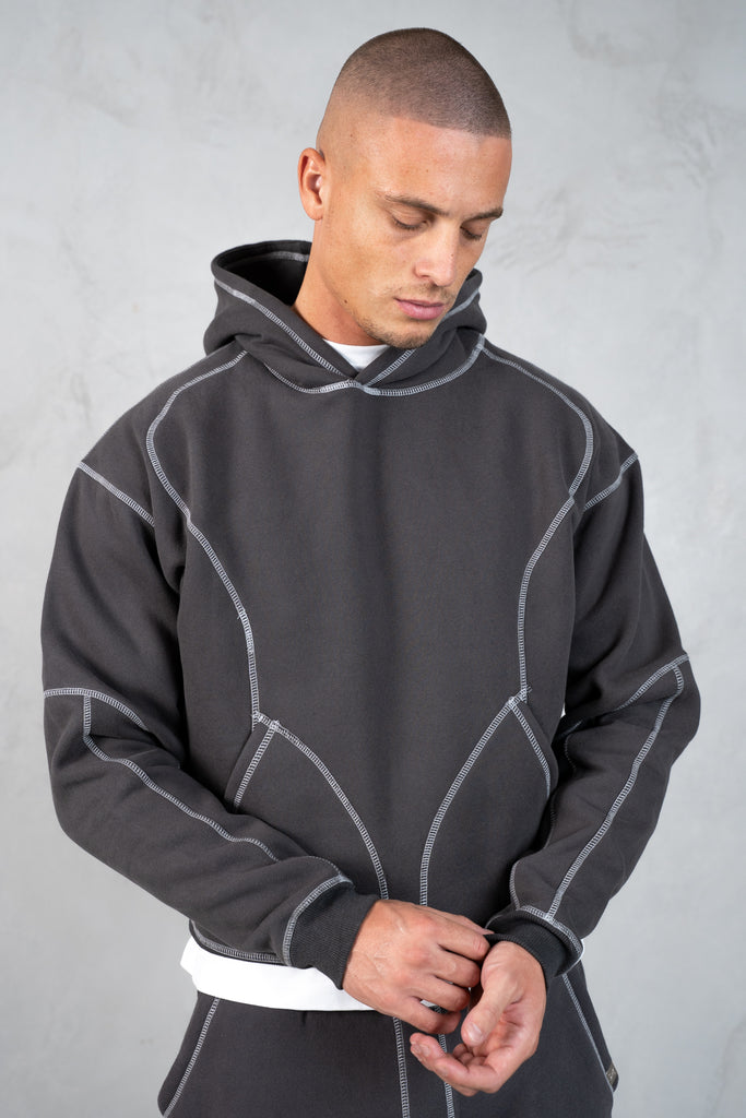 Contrast Stitch Pull Over Hoody - Charcoal