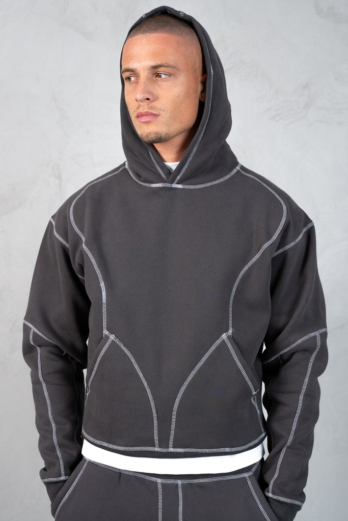 Contrast Stitch Pull Over Hoody - Charcoal