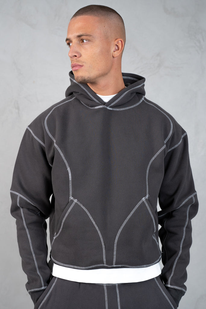 Contrast Stitch Pull Over Hoody - Charcoal