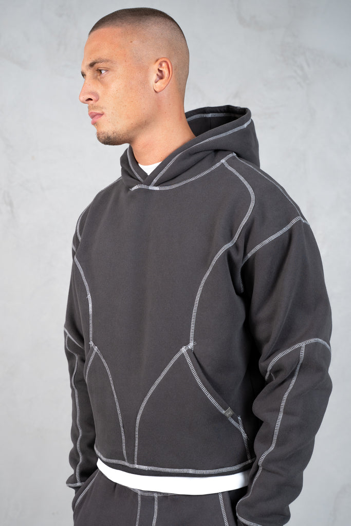 Contrast Stitch Pull Over Hoody - Charcoal