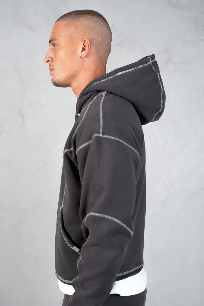 Contrast Stitch Pull Over Hoody - Charcoal