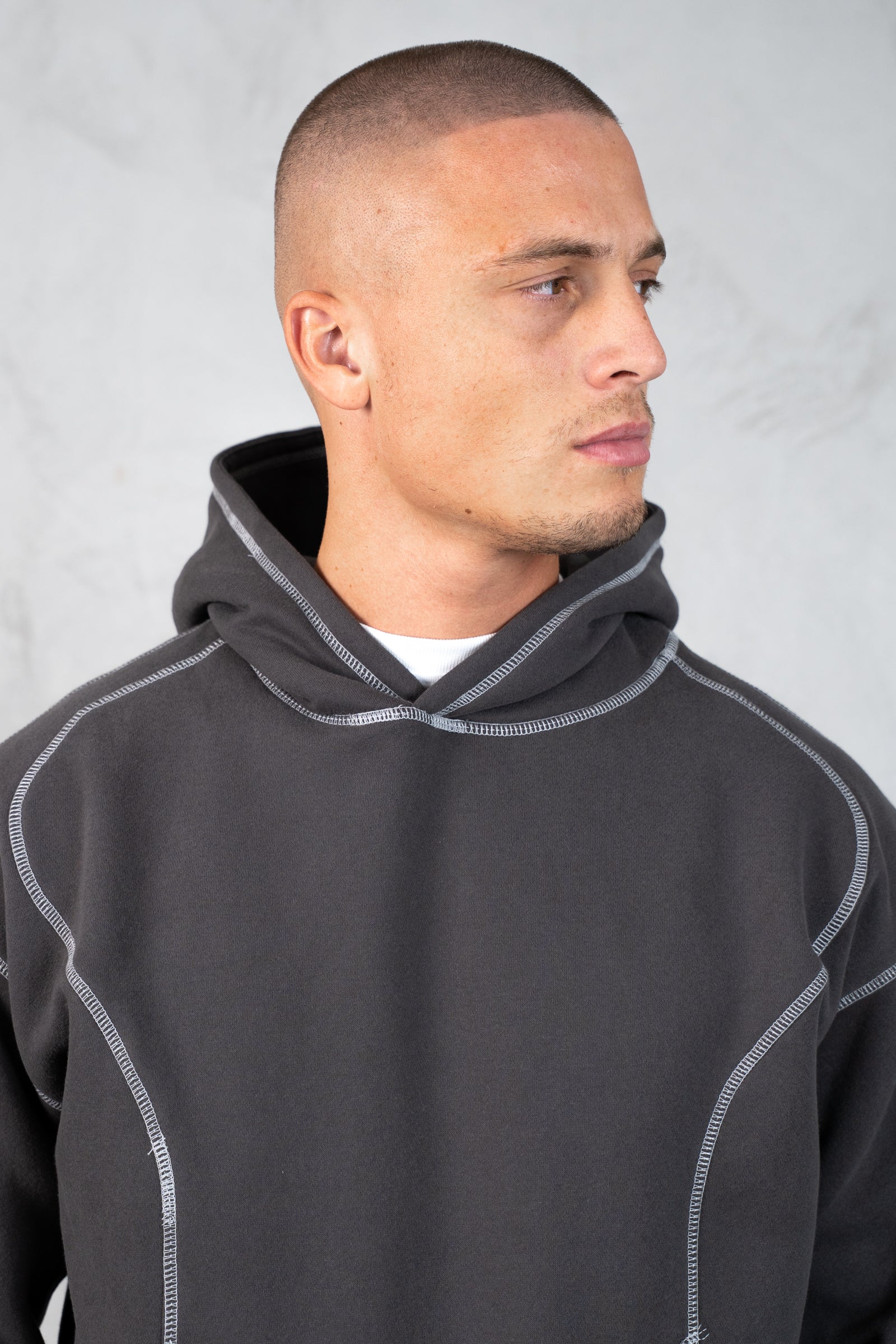 Contrast Stitch Pull Over Hoody - Charcoal