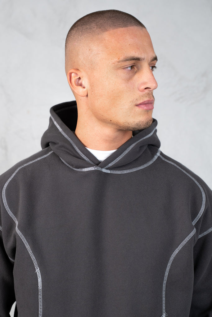 Contrast Stitch Pull Over Hoody - Charcoal