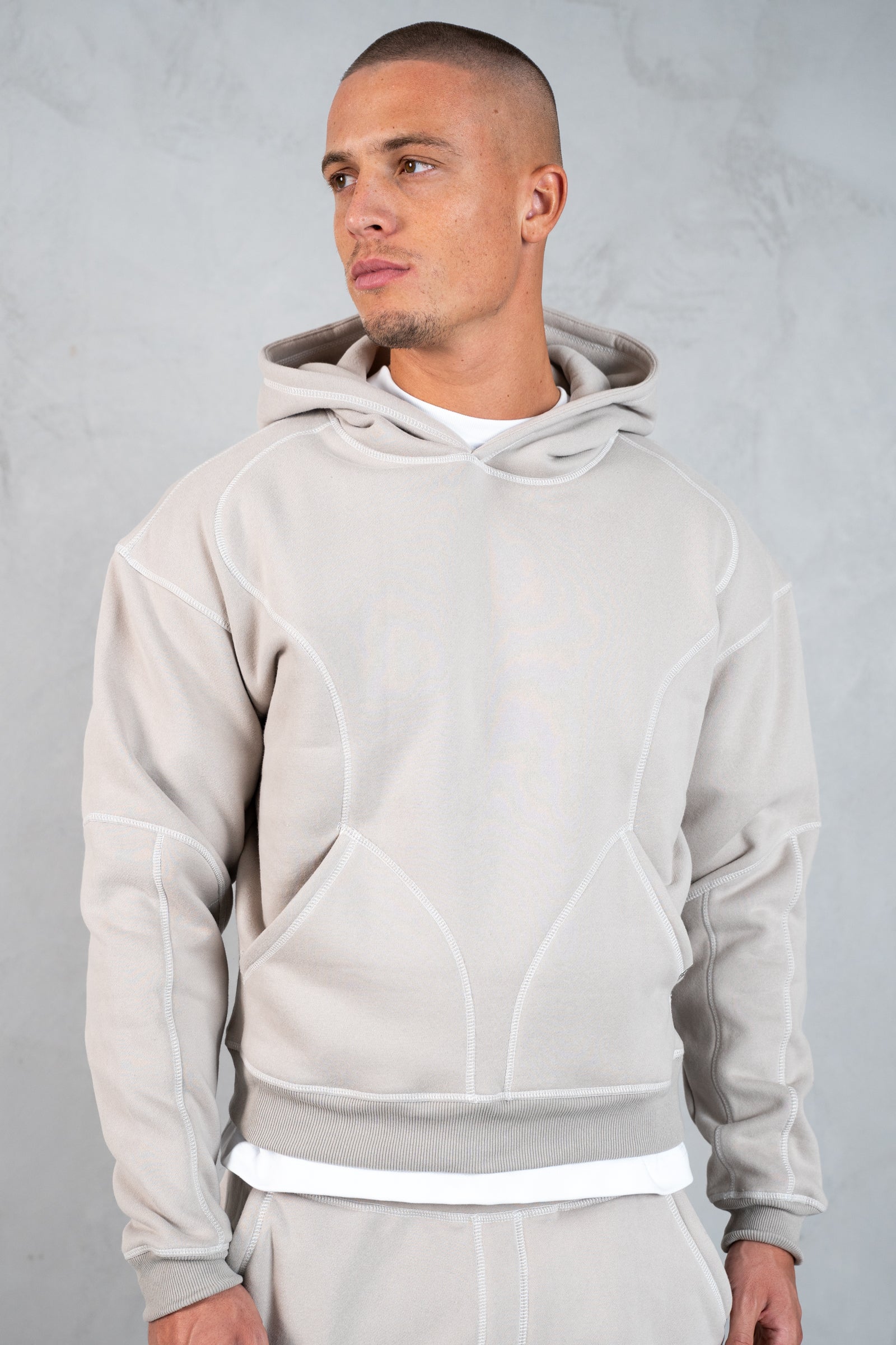 Contrast Stitch Pull Over Hoody - Grey