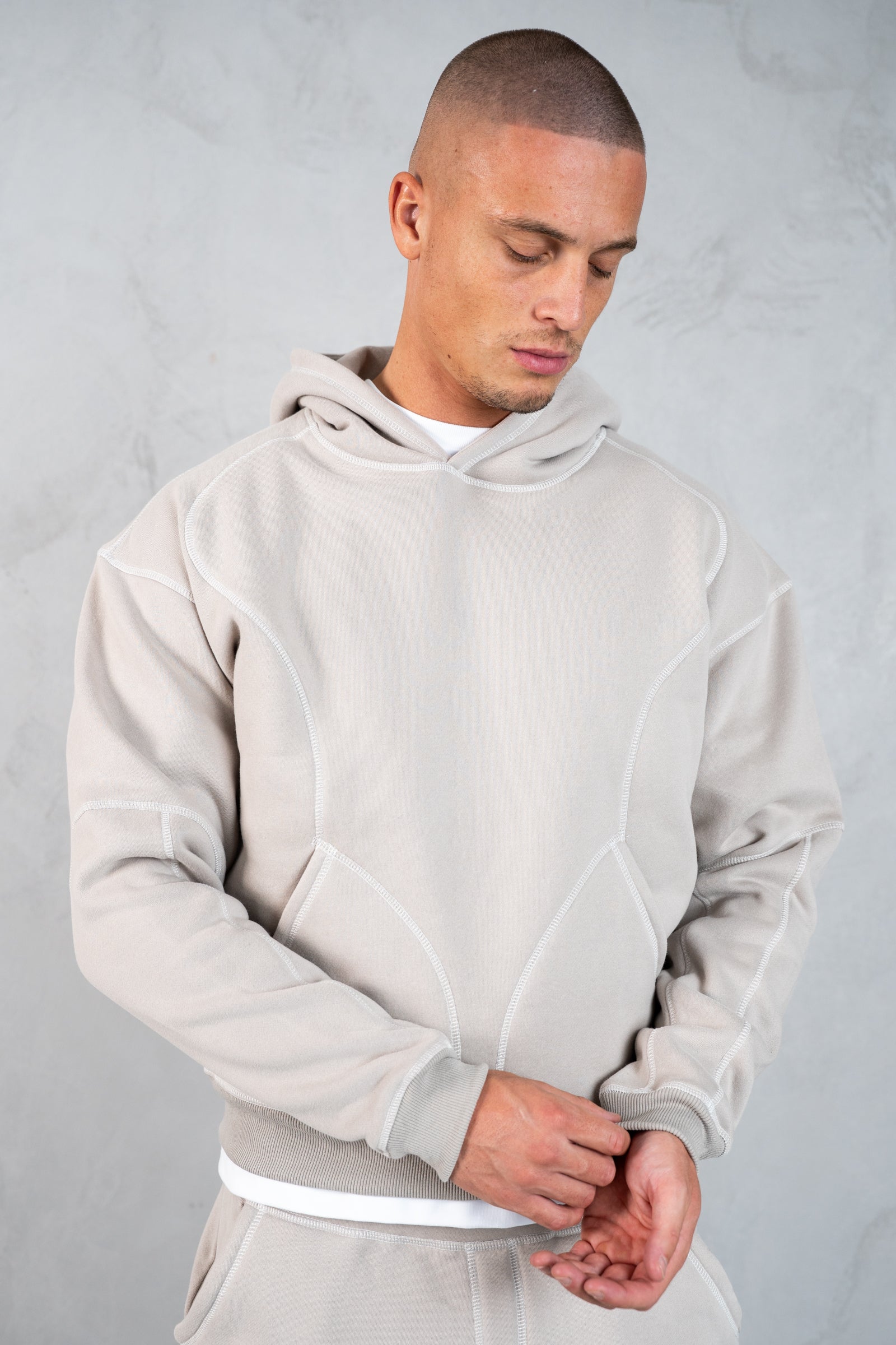 Contrast Stitch Pull Over Hoody - Grey