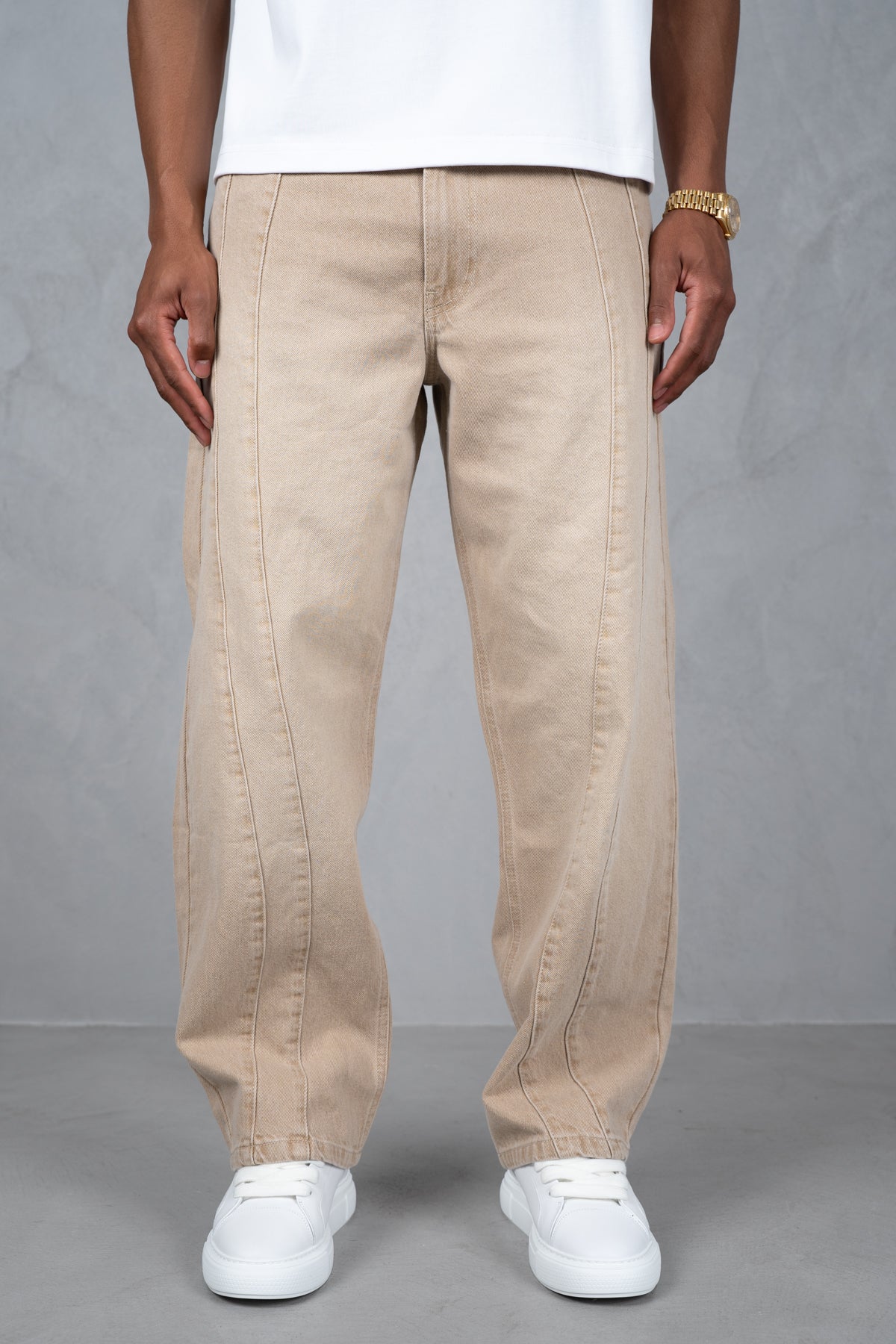 Curve Seam Washed Denim Jeans - Taupe