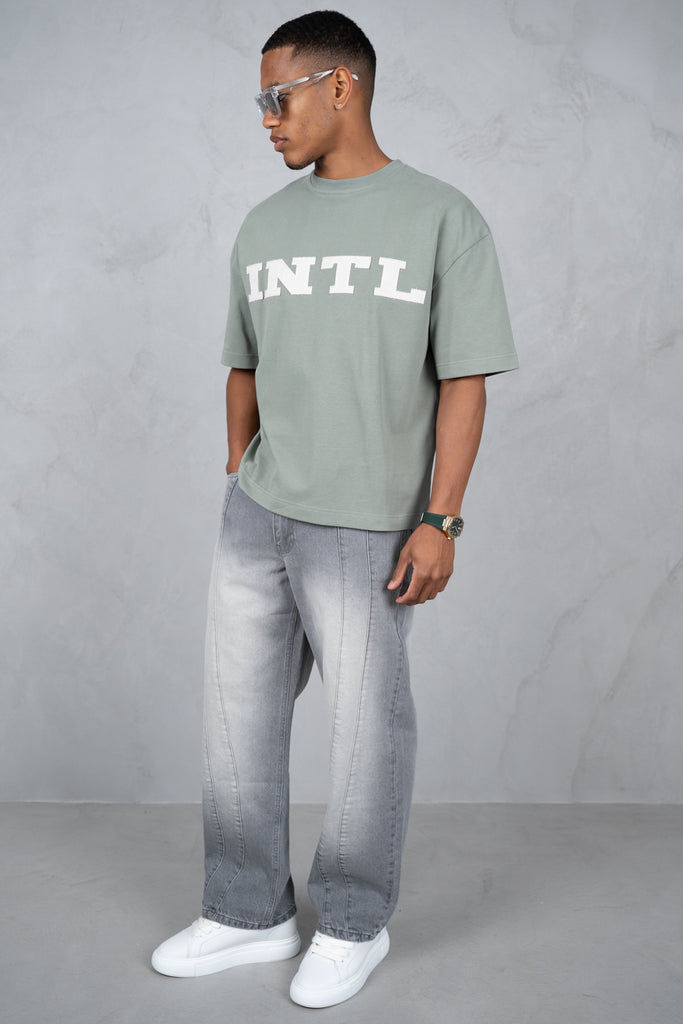 Curve Seam Washed Denim Jeans - Grey