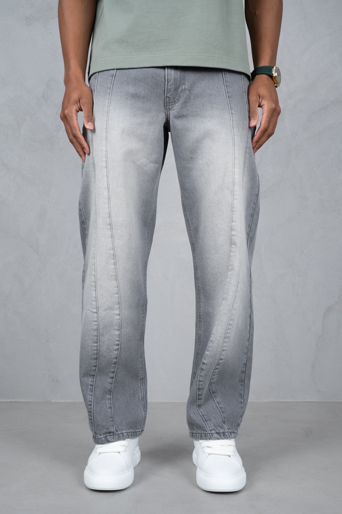 Curve Seam Washed Denim Jeans - Grey