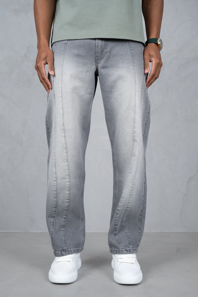 Curve Seam Washed Denim Jeans - Grey