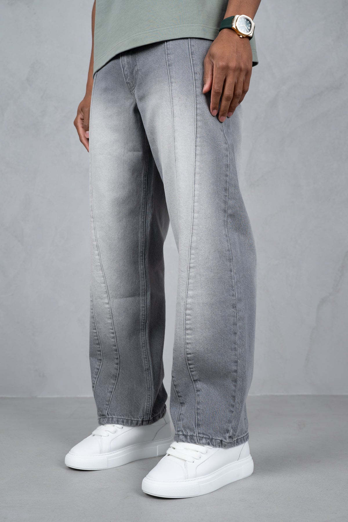 Curve Seam Washed Denim Jeans - Grey
