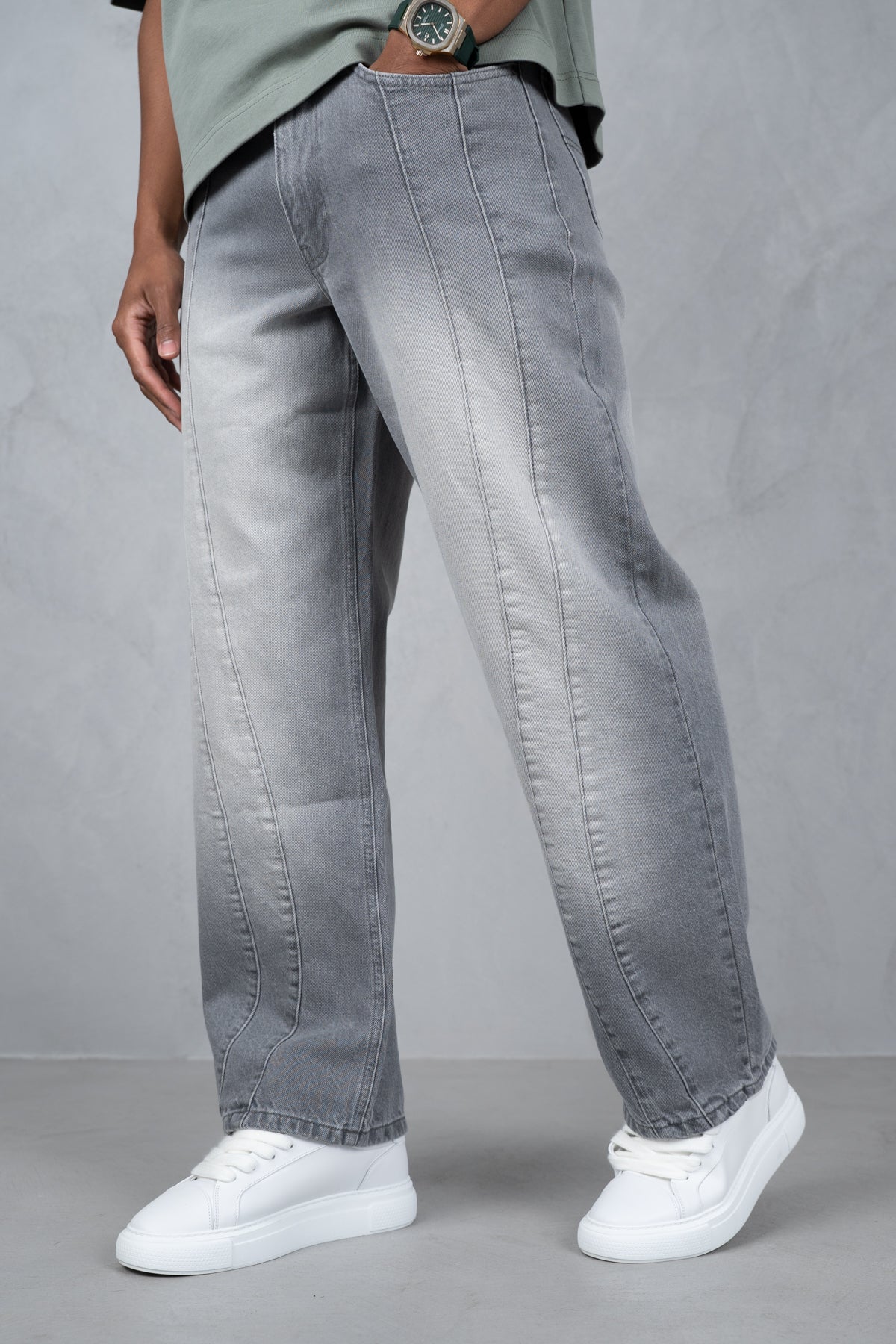 Curve Seam Washed Denim Jeans - Grey