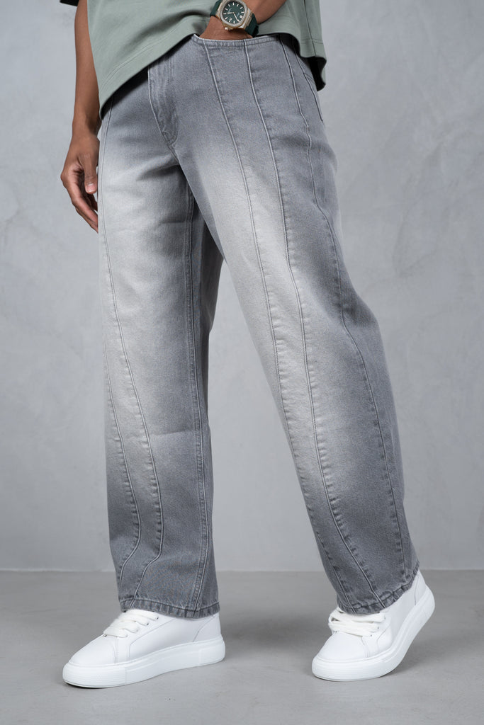 Curve Seam Washed Denim Jeans - Grey