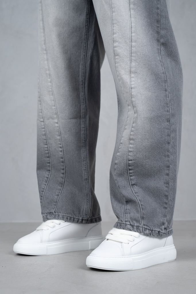 Curve Seam Washed Denim Jeans - Grey