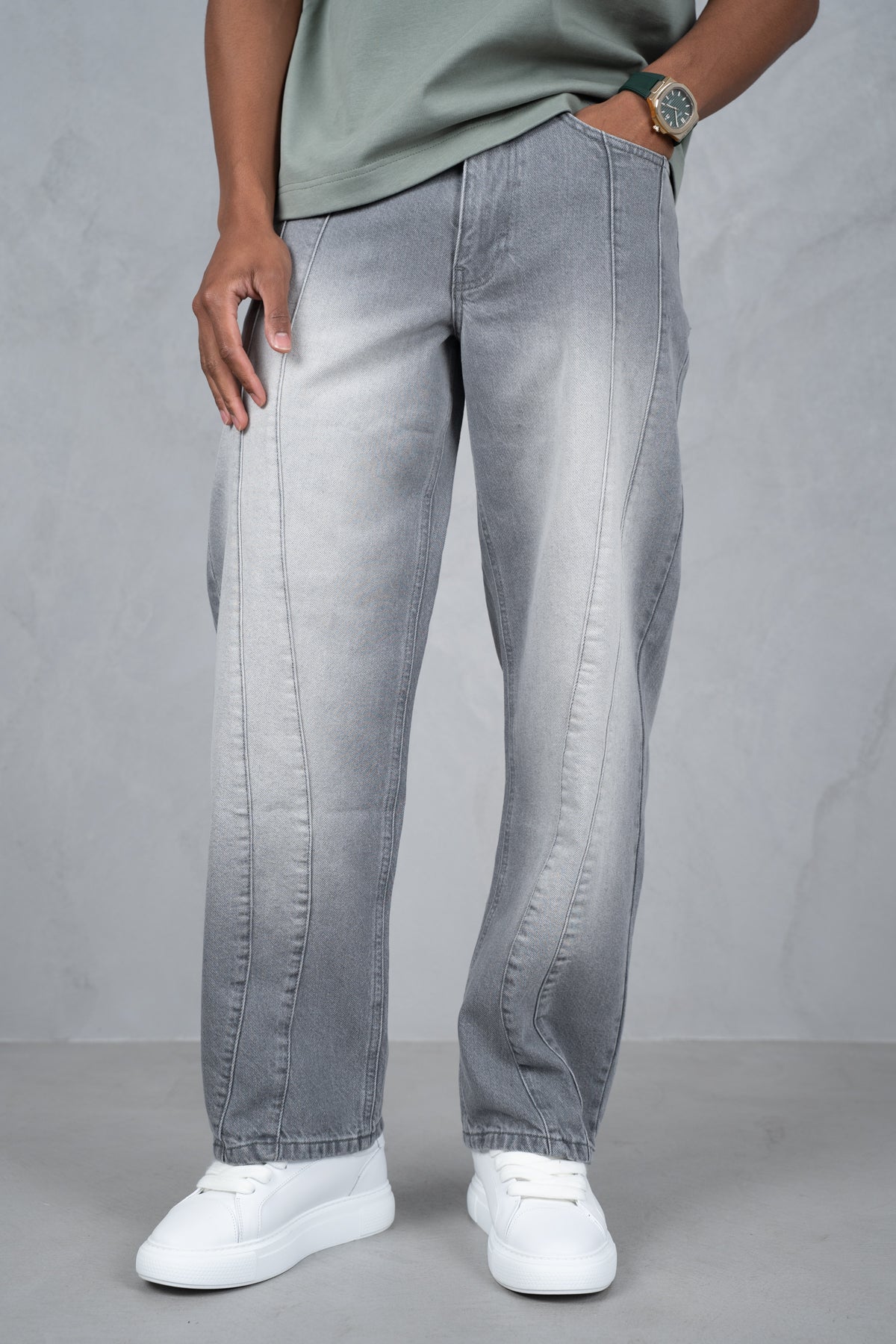Curve Seam Washed Denim Jeans - Grey