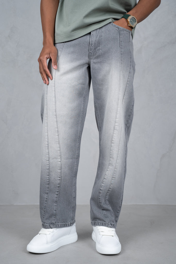 Curve Seam Washed Denim Jeans - Grey
