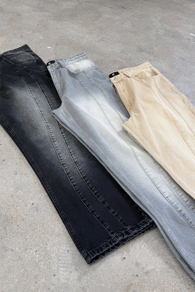 Curve Seam Washed Denim Jeans - Taupe
