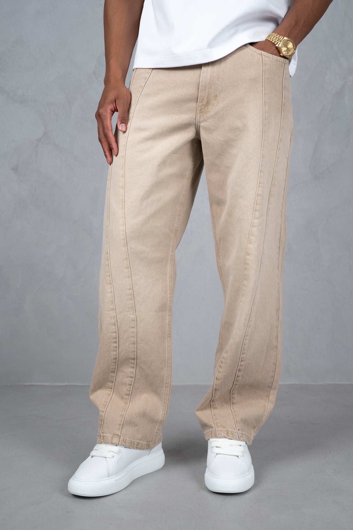 Curve Seam Washed Denim Jeans - Taupe