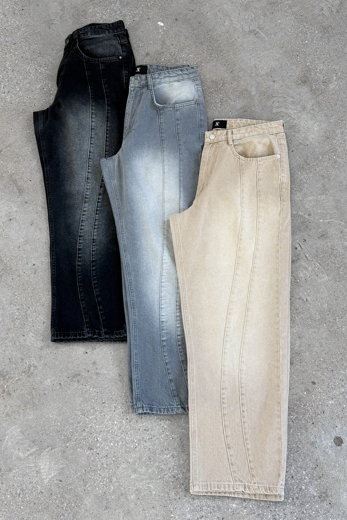 Curve Seam Washed Denim Jeans - Taupe