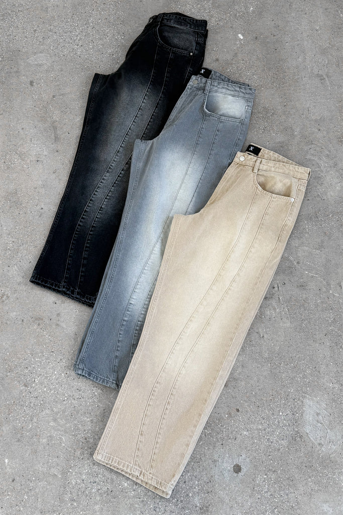 Curve Seam Washed Denim Jeans - Taupe