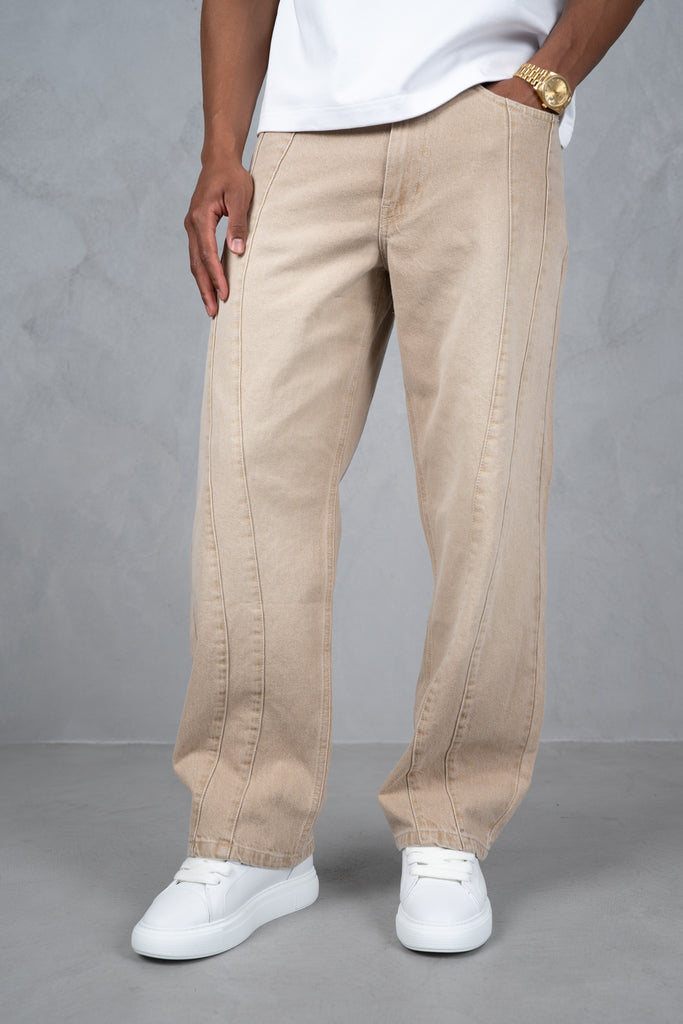 Curve Seam Washed Denim Jeans - Taupe