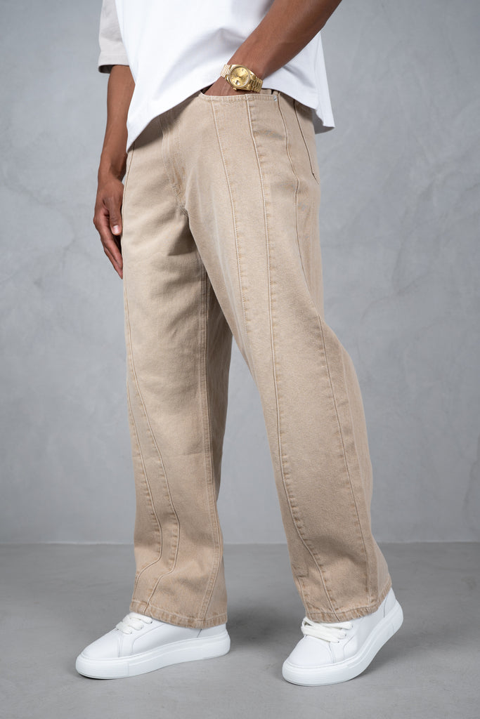 Curve Seam Washed Denim Jeans - Taupe