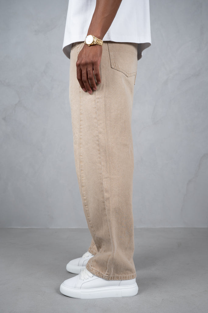 Curve Seam Washed Denim Jeans - Taupe