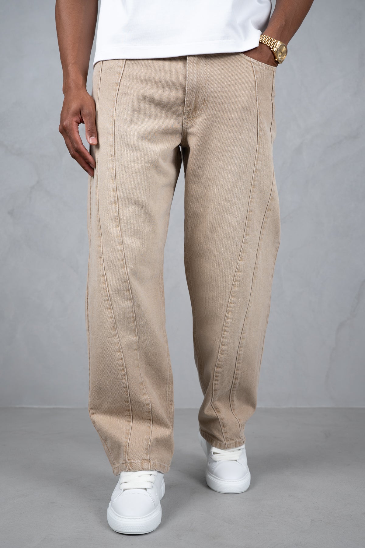 Curve Seam Washed Denim Jeans - Taupe