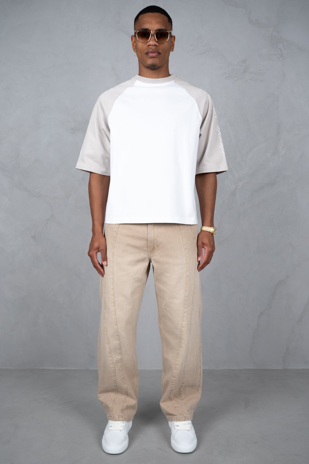 Curve Seam Washed Denim Jeans - Taupe