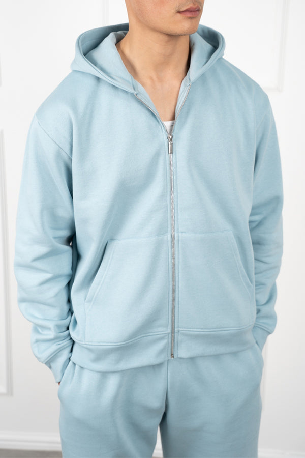 Relaxed Boxy Zip Through Hoodie - Light Blue