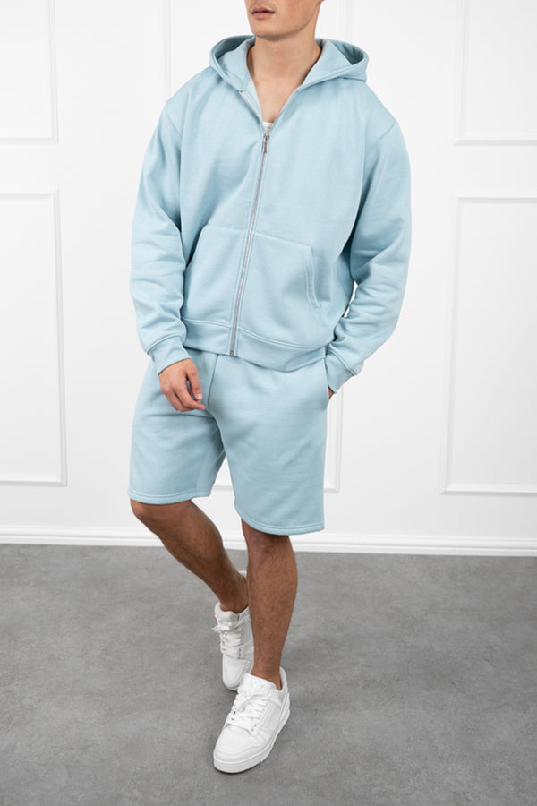 Relaxed Boxy Zip Through Hoodie - Light Blue