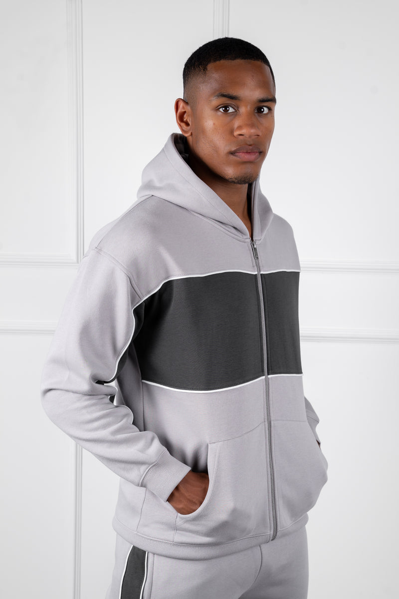 Panelled Relaxed Zip Through Hoodie - Grey