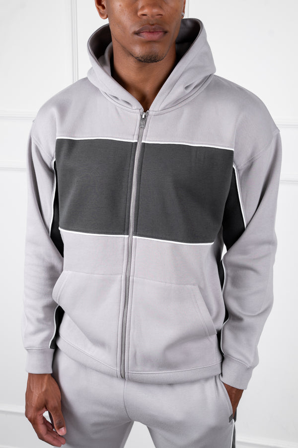Panelled Relaxed Zip Through Hoodie - Grey