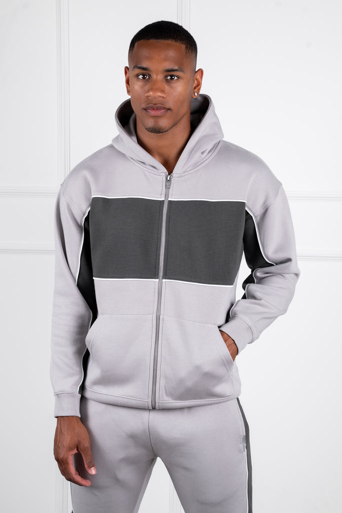Panelled Relaxed Zip Through Hoodie - Grey