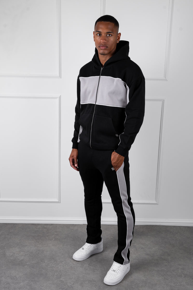 Panelled Relaxed Zip Through Hoodie - Black