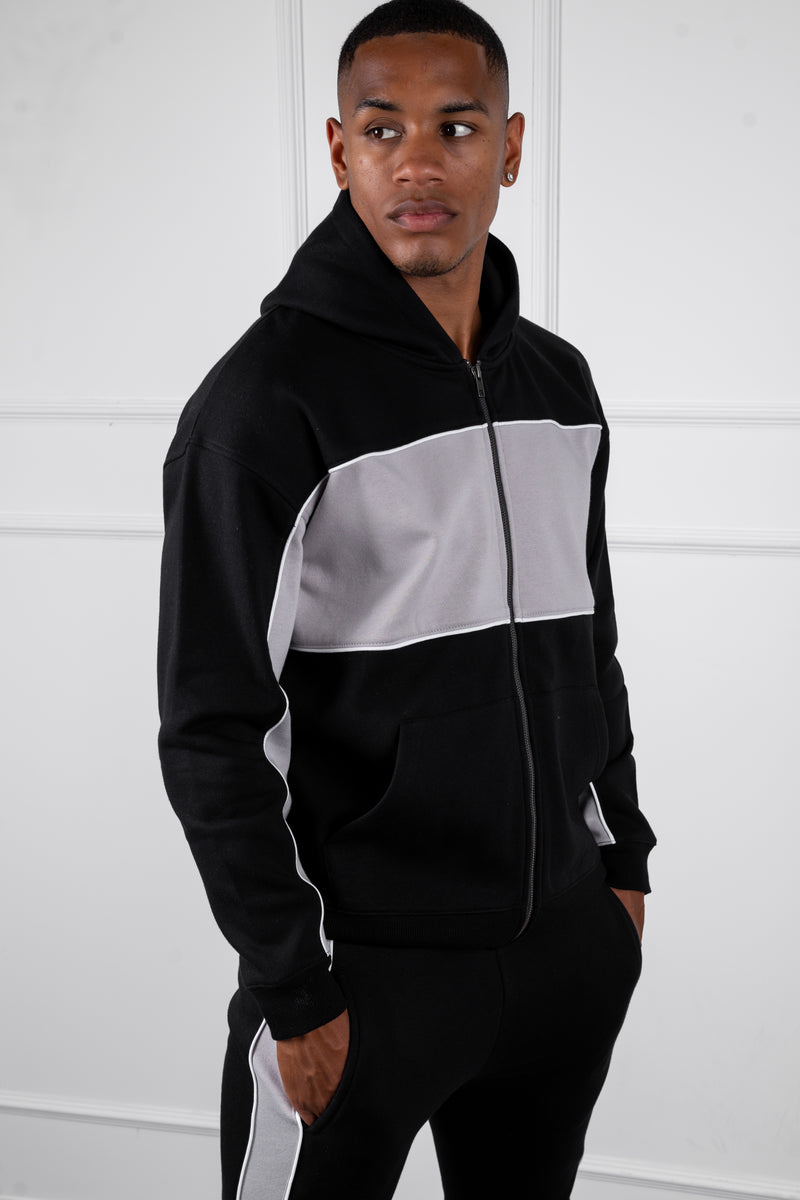 Panelled Relaxed Zip Through Hoodie - Black