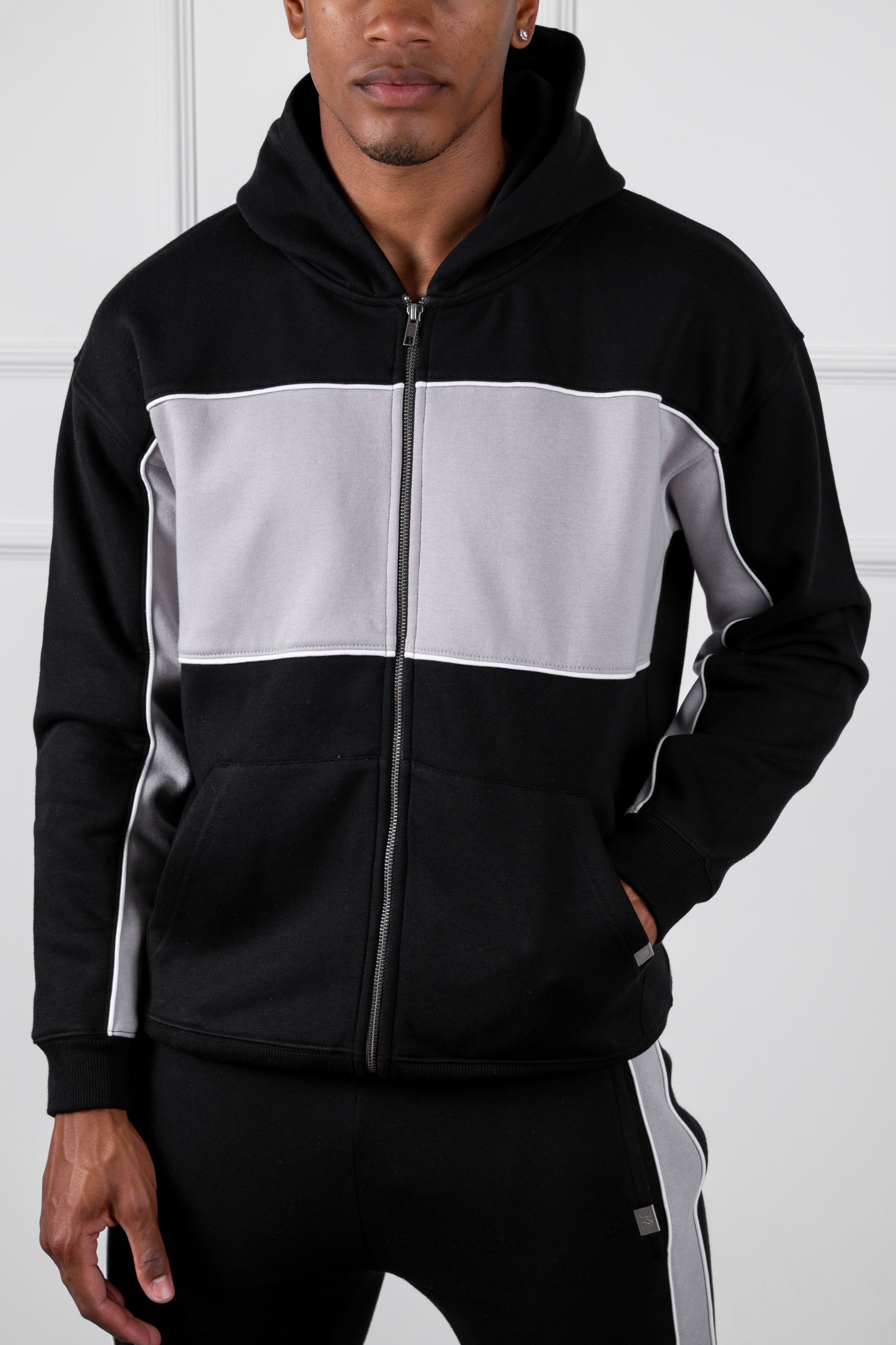 Panelled Relaxed Zip Through Hoodie - Black