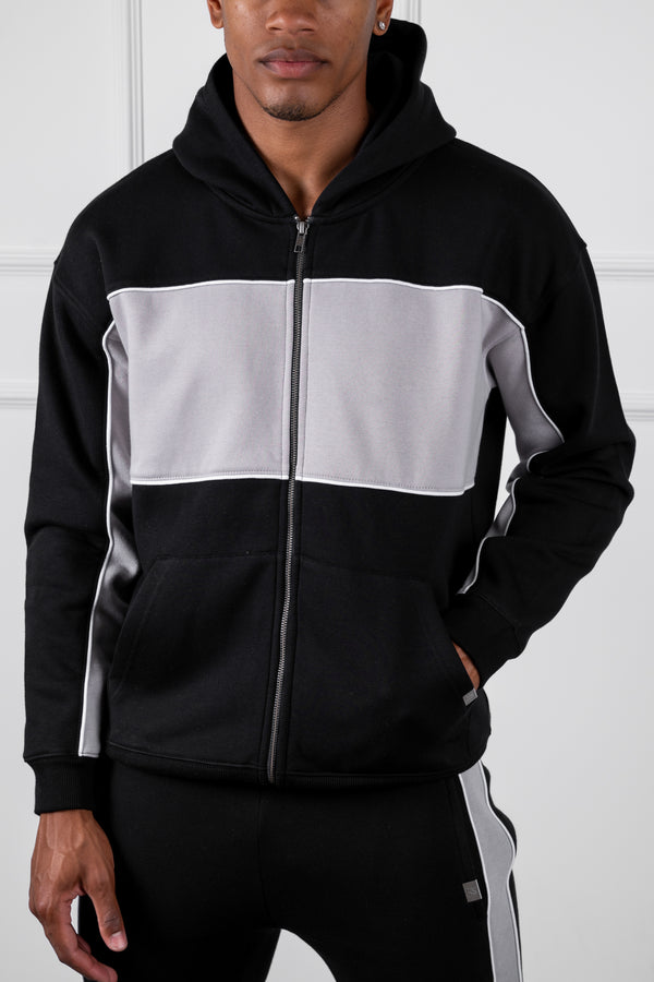 Panelled Relaxed Zip Through Hoodie - Black