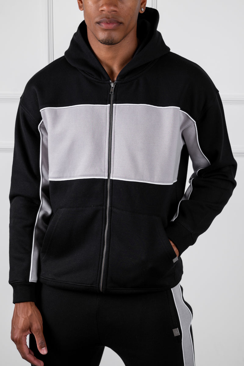 Panelled Relaxed Zip Through Hoodie - Black