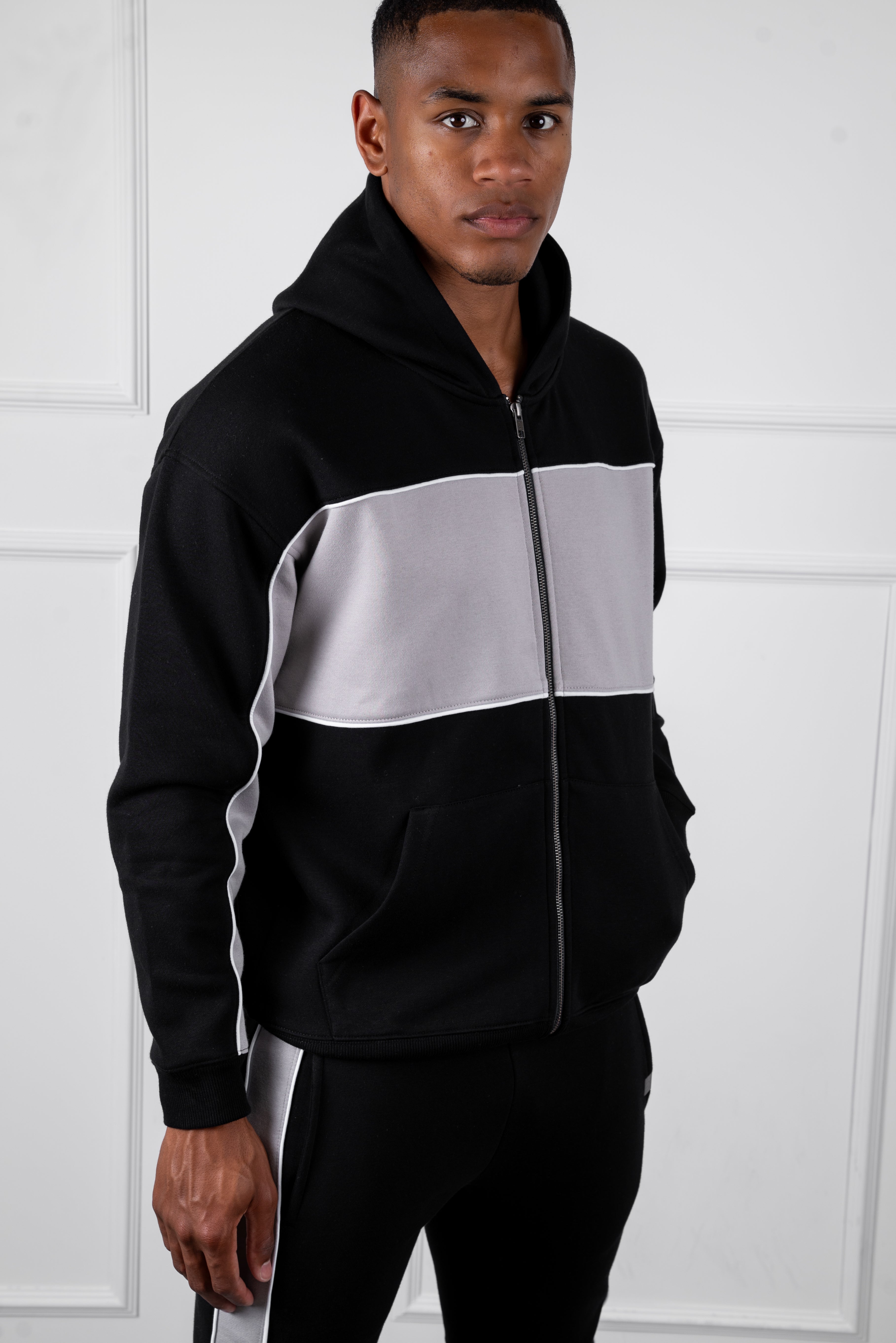 Panelled Relaxed Zip Through Hoodie - Black