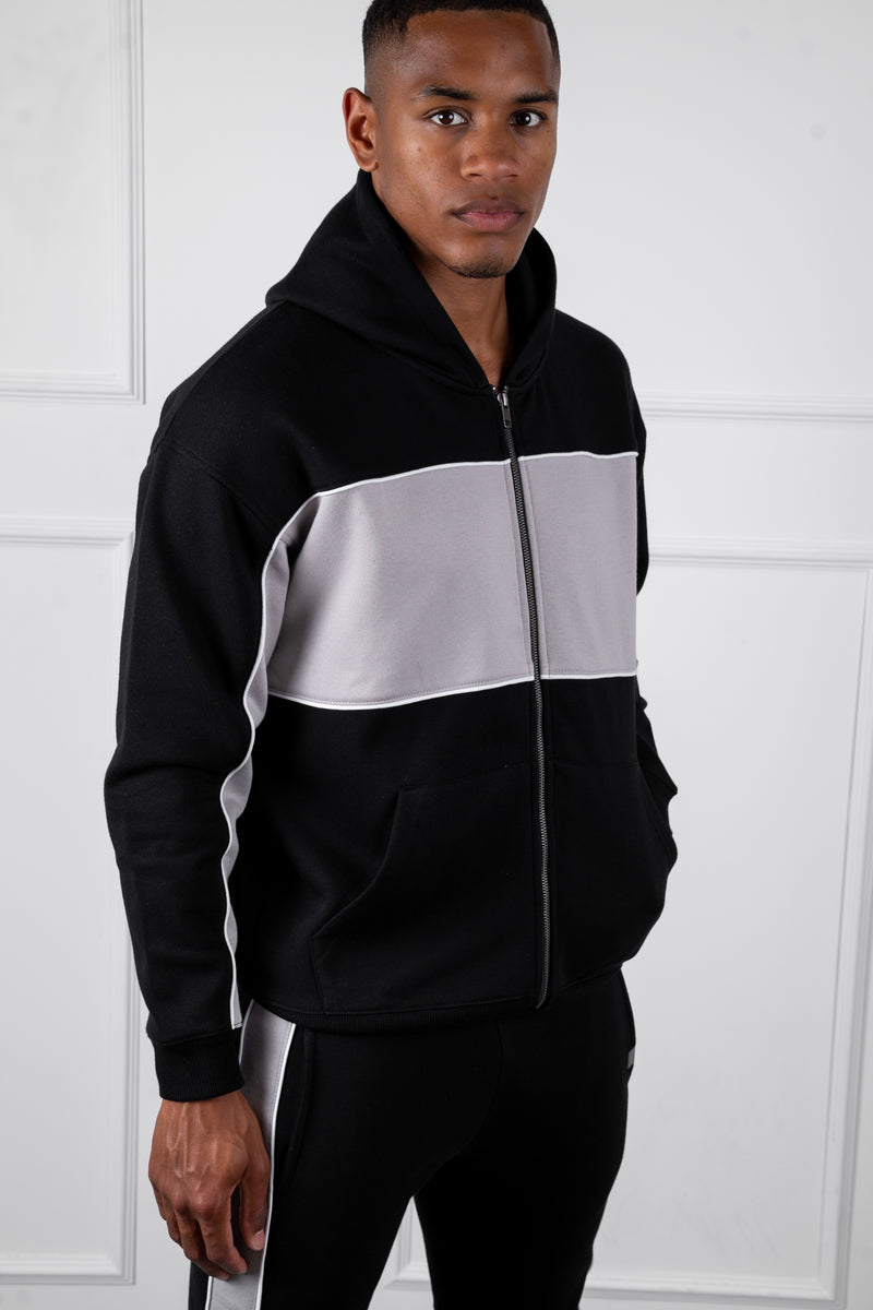 Panelled Relaxed Zip Through Hoodie - Black