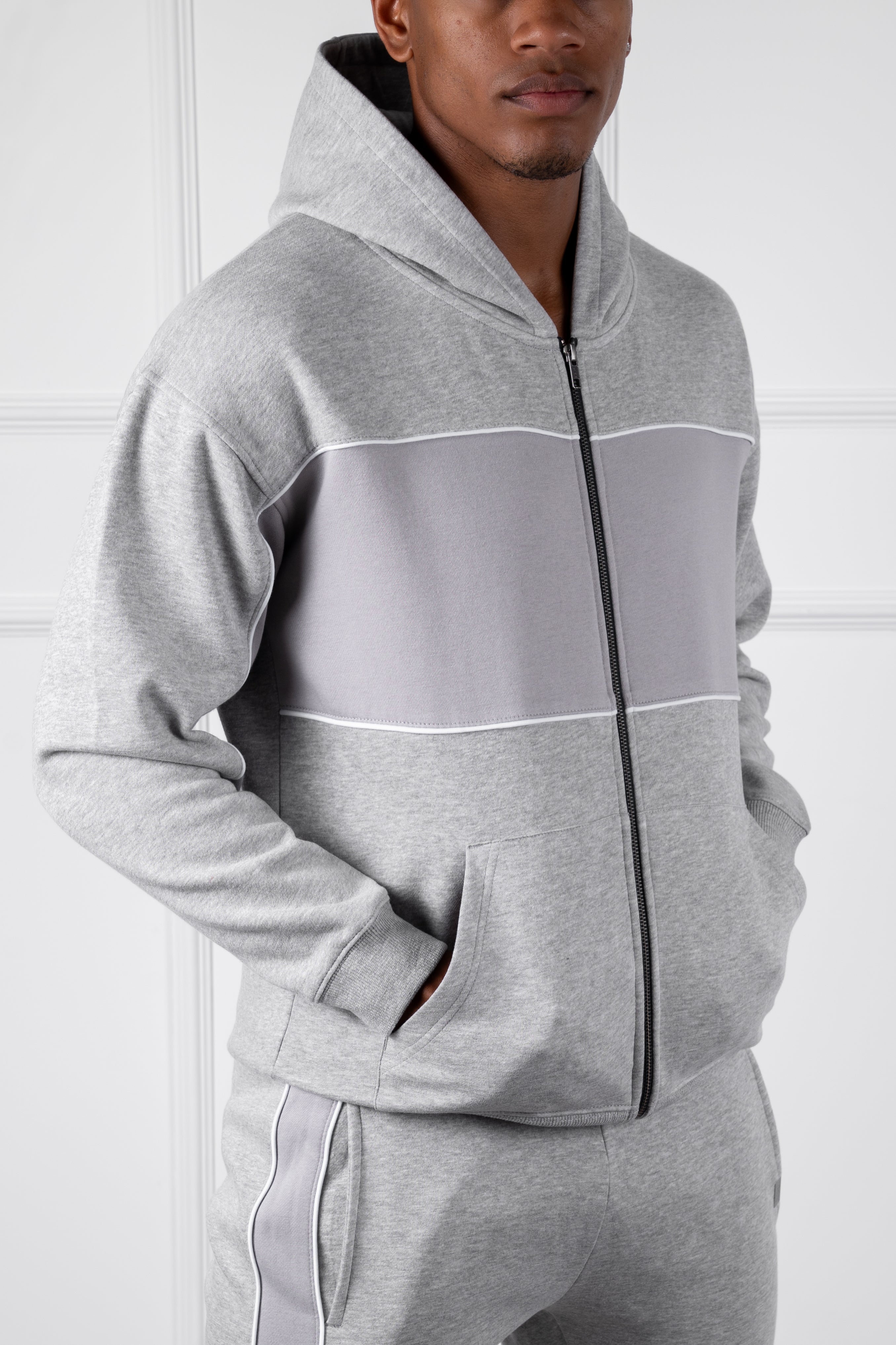 Panelled Relaxed Zip Through Hoodie - Grey Marl