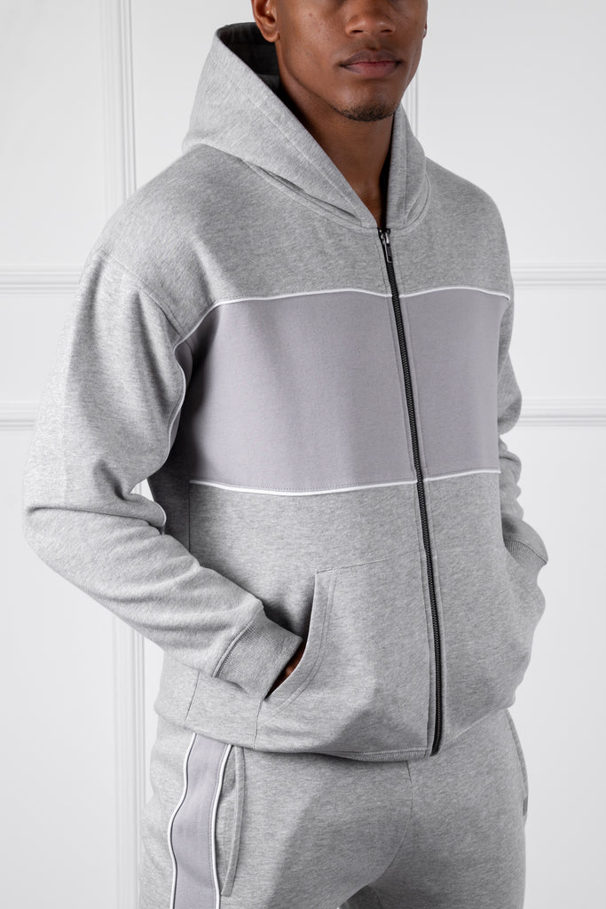 Panelled Relaxed Zip Through Hoodie - Grey Marl