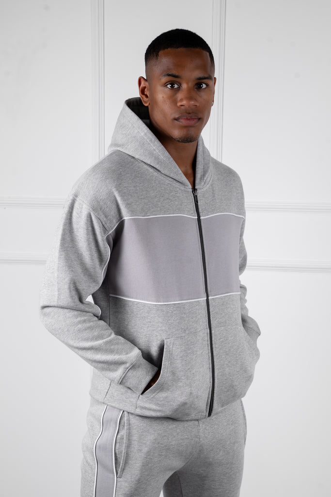 Panelled Relaxed Zip Through Hoodie - Grey Marl