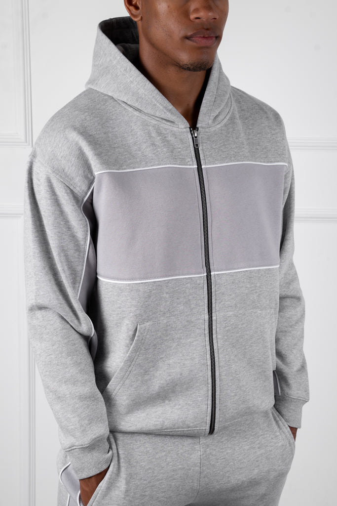 Panelled Relaxed Zip Through Hoodie - Grey Marl