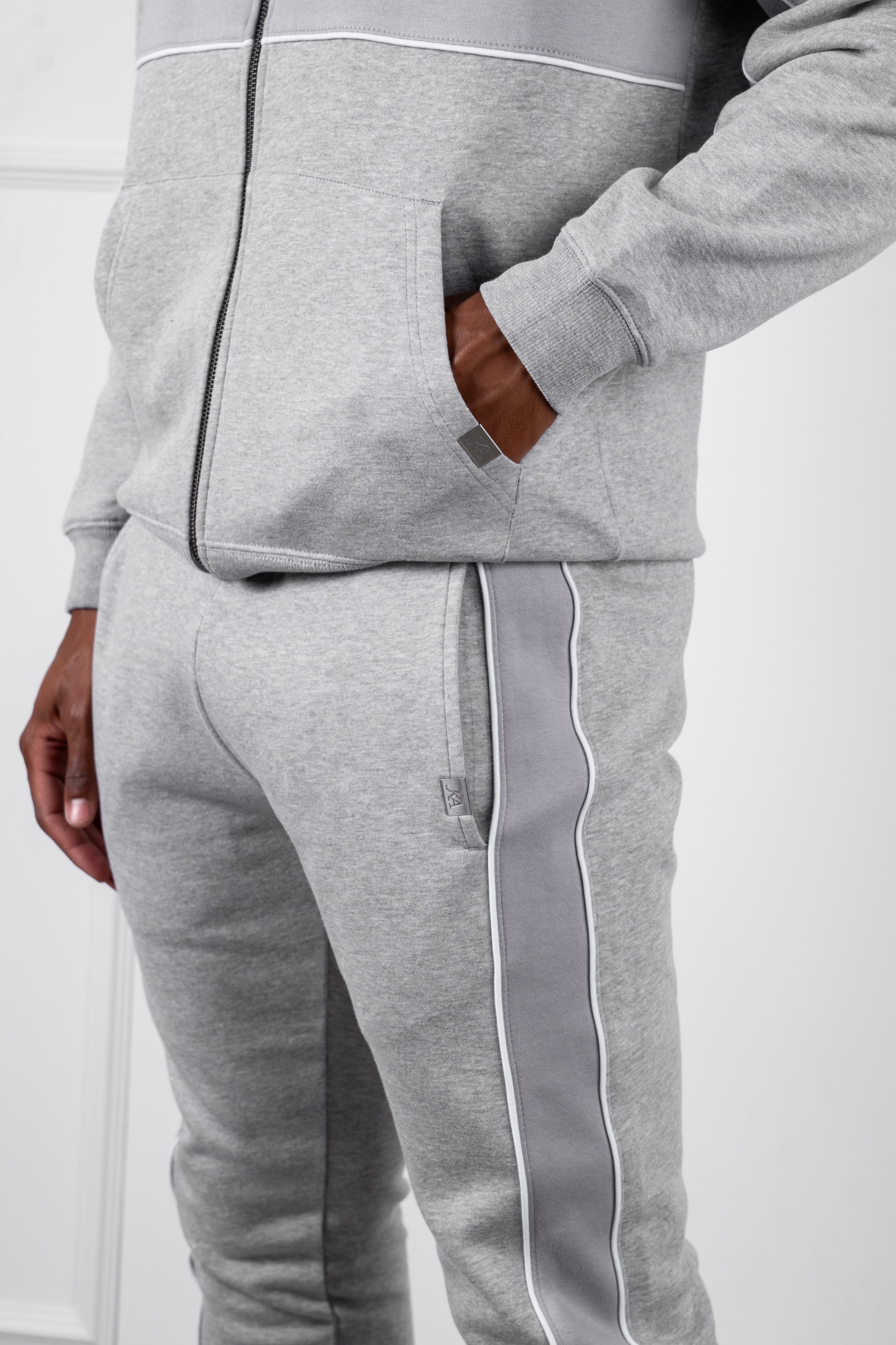 Panelled Relaxed Zip Through Hoodie - Grey Marl