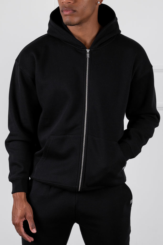 Relaxed Fit Zip Through Hoodie - Black