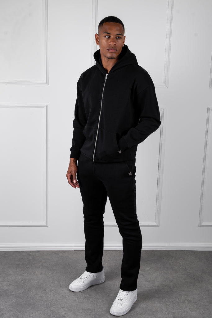 Relaxed Fit Zip Through Hoodie - Black