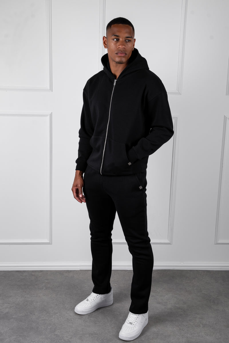 Relaxed Fit Zip Through Hoodie - Black