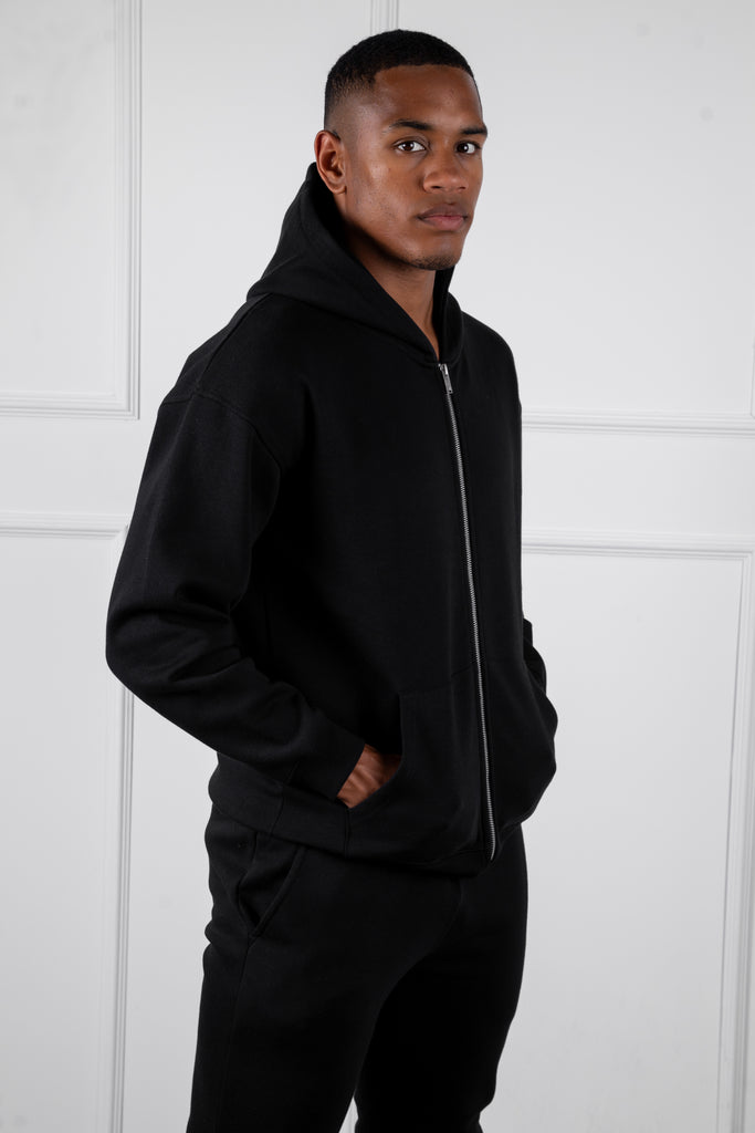 Relaxed Fit Zip Through Hoodie - Black
