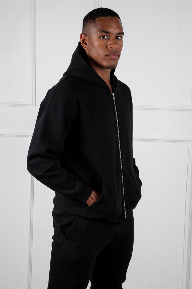 Relaxed Fit Zip Through Hoodie - Black